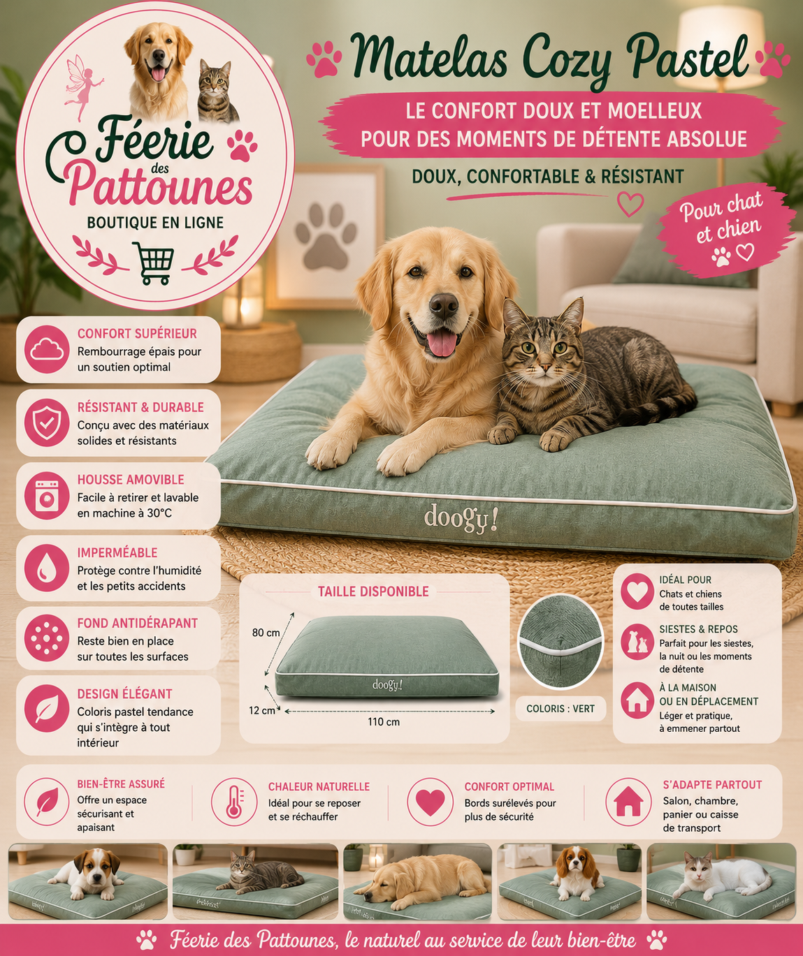 💚🐾 Matelas Cozy Pastel – Vert (110 × 80 × 12 cm)