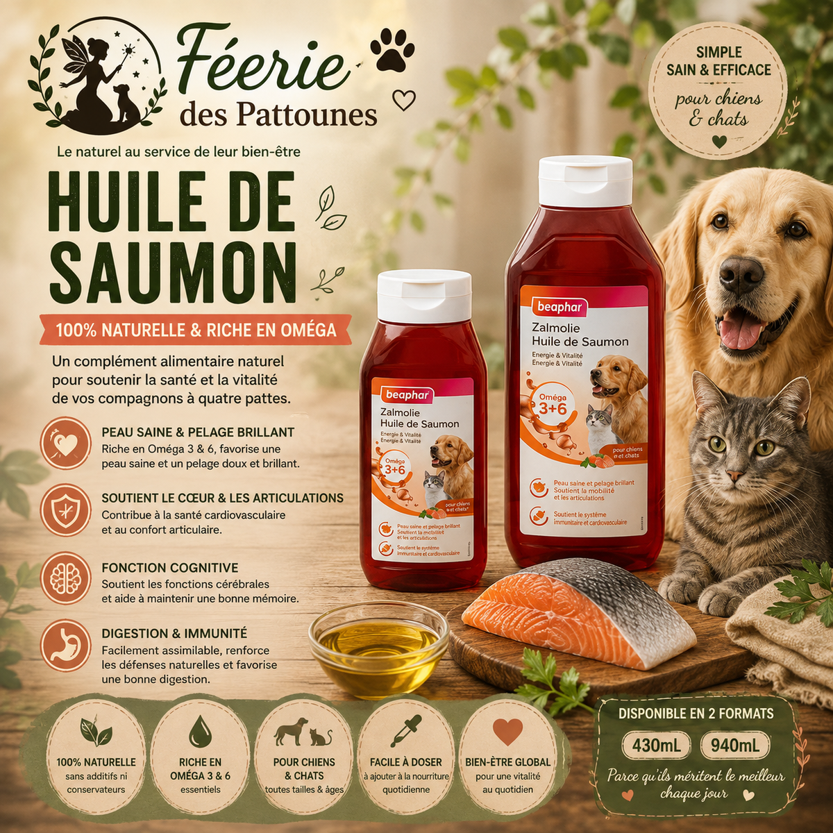 🐟 Huile de Saumon – Complément Appétant Chiens & Chats (430 ml • 940 ml)