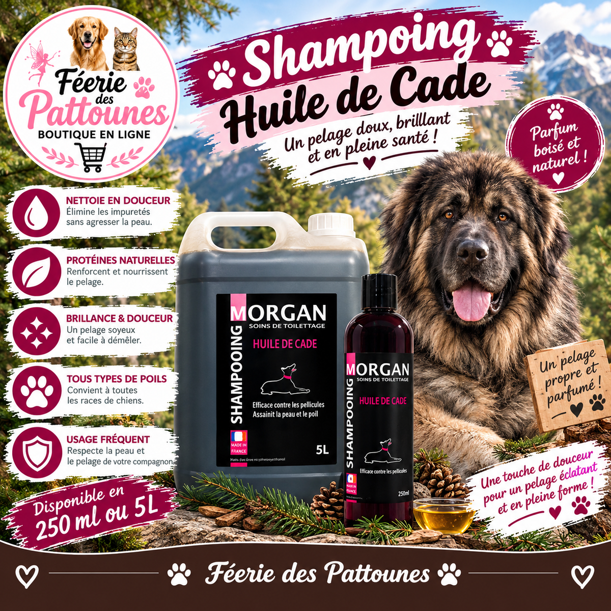 🐾🌿 Shampoing Morgan – Huile de Cade (250 ml • 5 L)