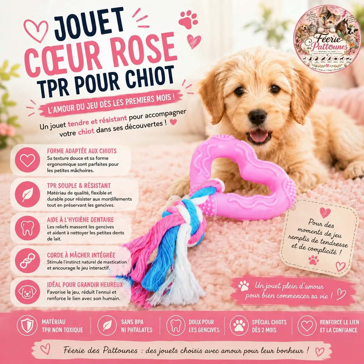 💗 Jouet Cœur Rose TPR pour Chiot – 15 cm