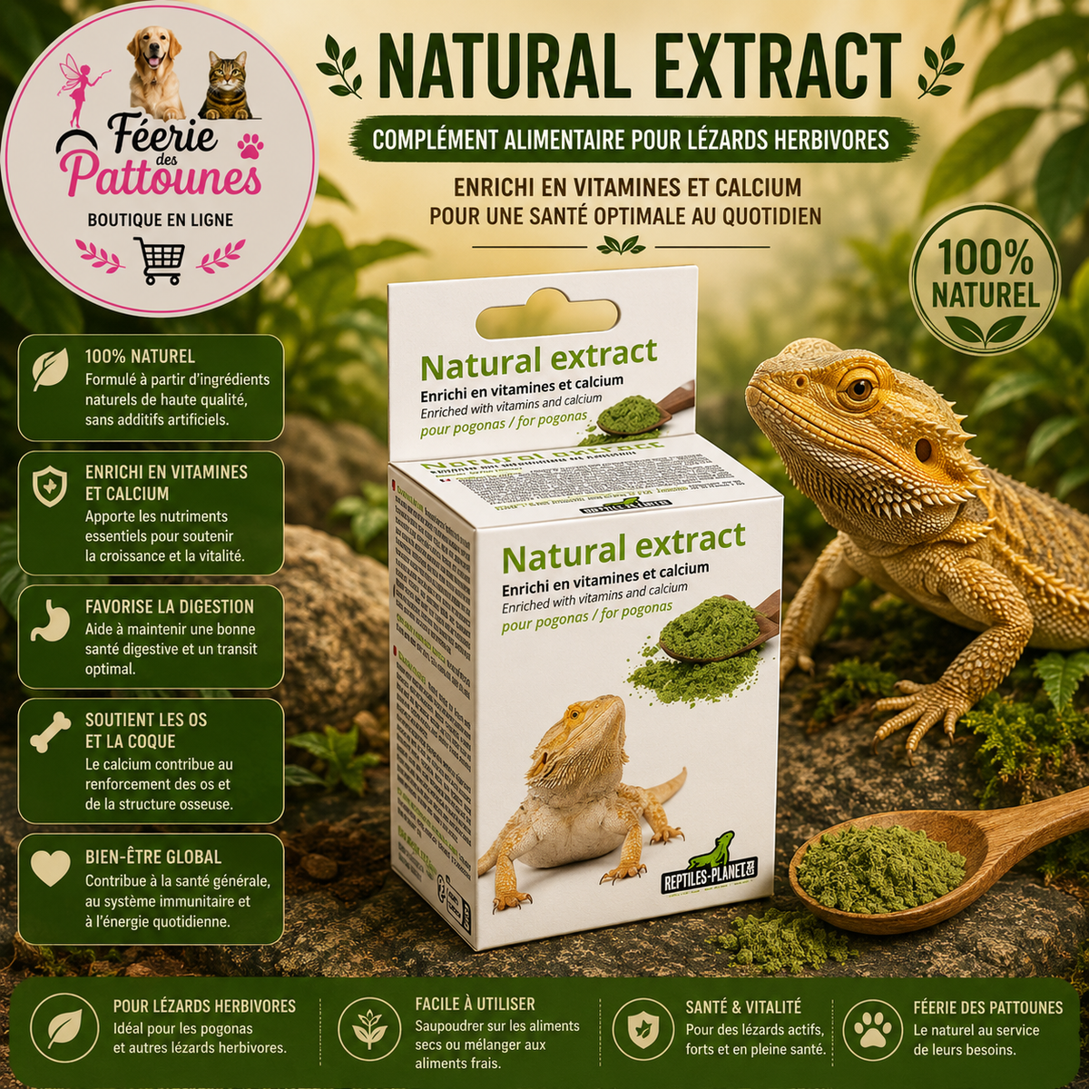 🌿🦎 Natural Extract – Complément Alimentaire pour Lézards Herbivores – 130 g