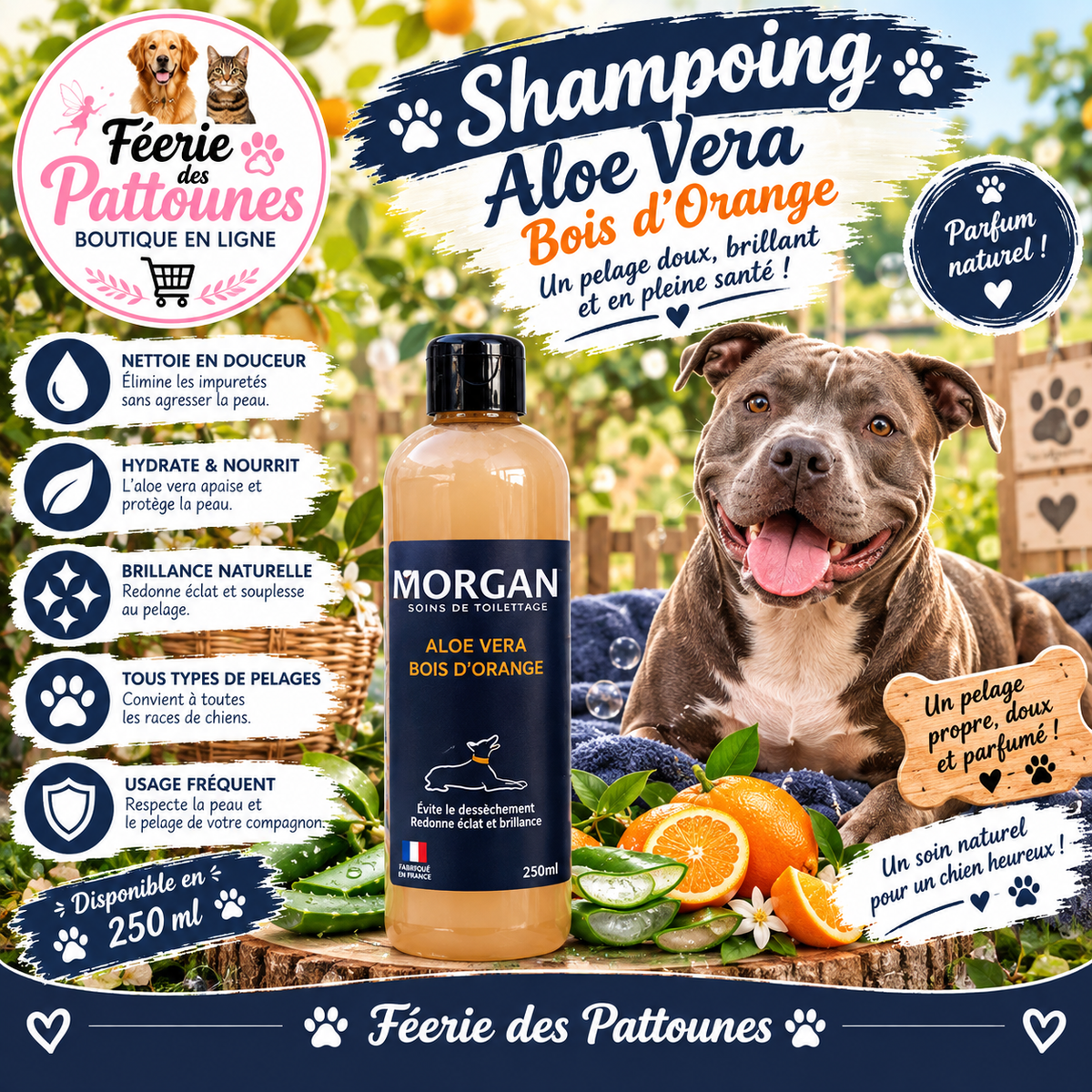 🐾🍊 Shampoing Morgan – Aloe Vera Bois d’Orange (250 ml)