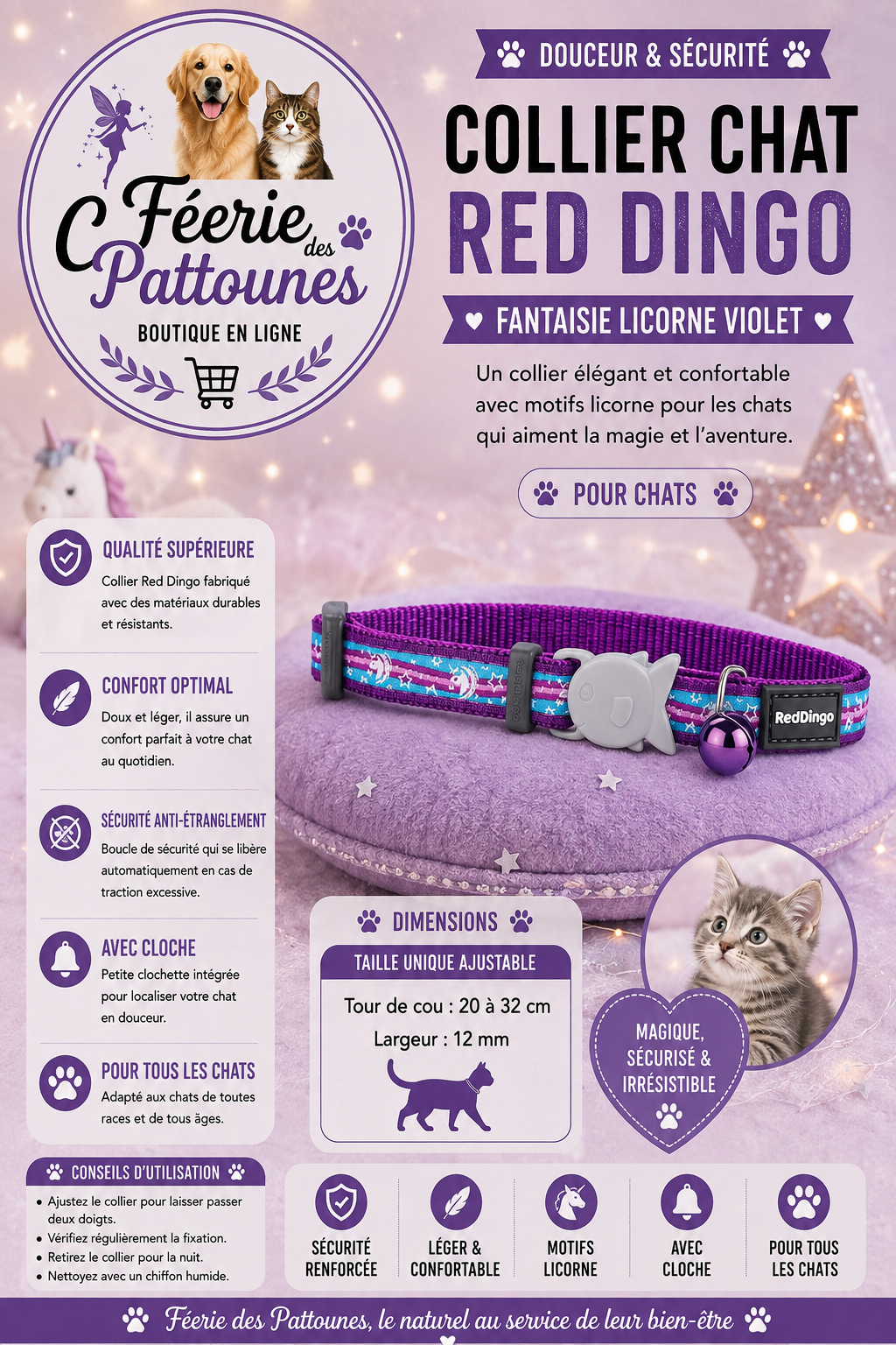 🦄💜Collier Red Dingo Fantaisie – Licorne Violet (20 à 32 cm × 12 mm)