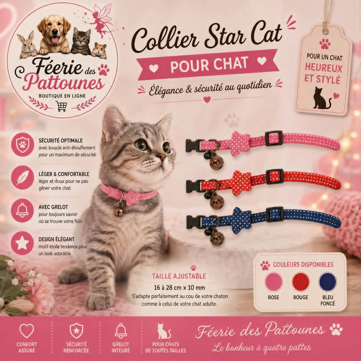⭐🐾 Collier Star Cat – Pour Chat (16 à 28 cm × 10 mm)