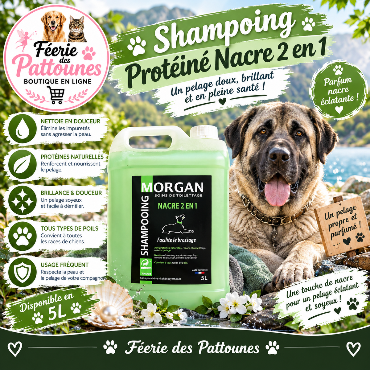 🐾✨ Shampoing Morgan – Protéiné Nacre 2‑en‑1 (250 ml ou 5 L)