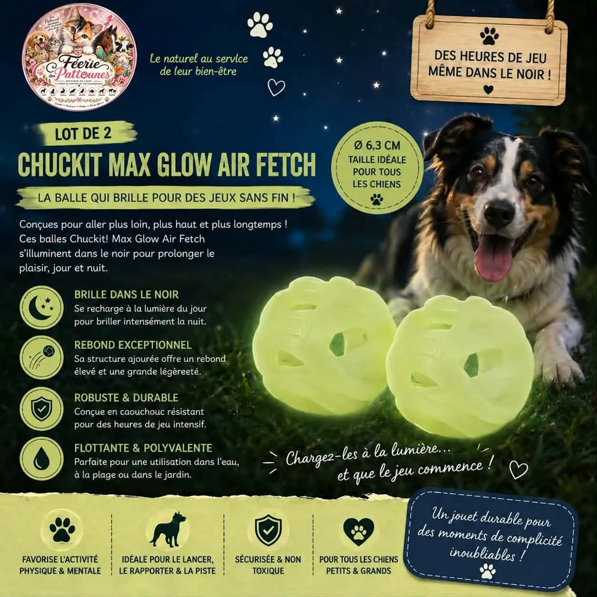 ✨ Chuckit! Max Glow Air Fetch – Lot de 2 Balles (Ø 6,3 cm)