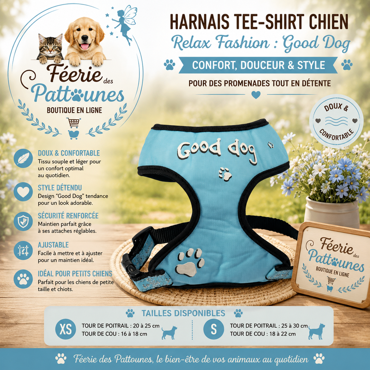 🔵🐶 Harnais Tee‑shirt Relax Fashion – Good Dog Bleu (Tailles XS • S)