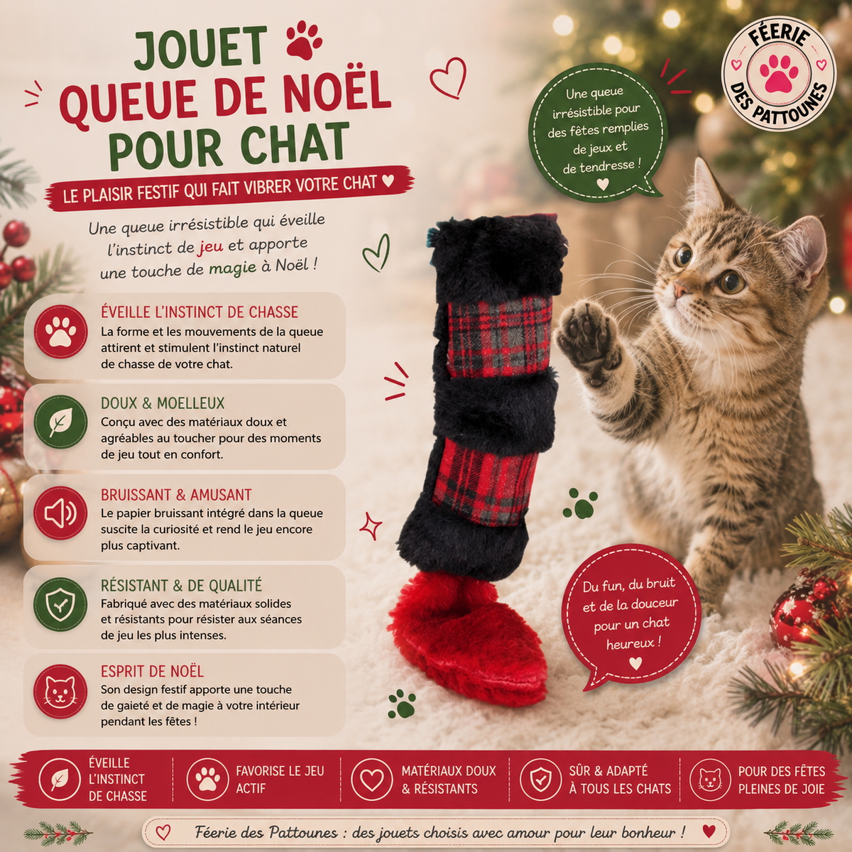🎄 Queue de Noël pour Chat – Oh My Cat – Peluche Crépitante (39 cm)