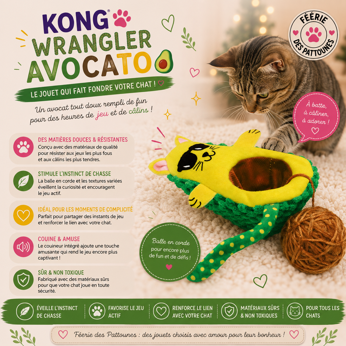 🥑 KONG® Wrangler AvoCATo – Jouet Interactif avec Pelote & Herbe à Chat (11 cm)