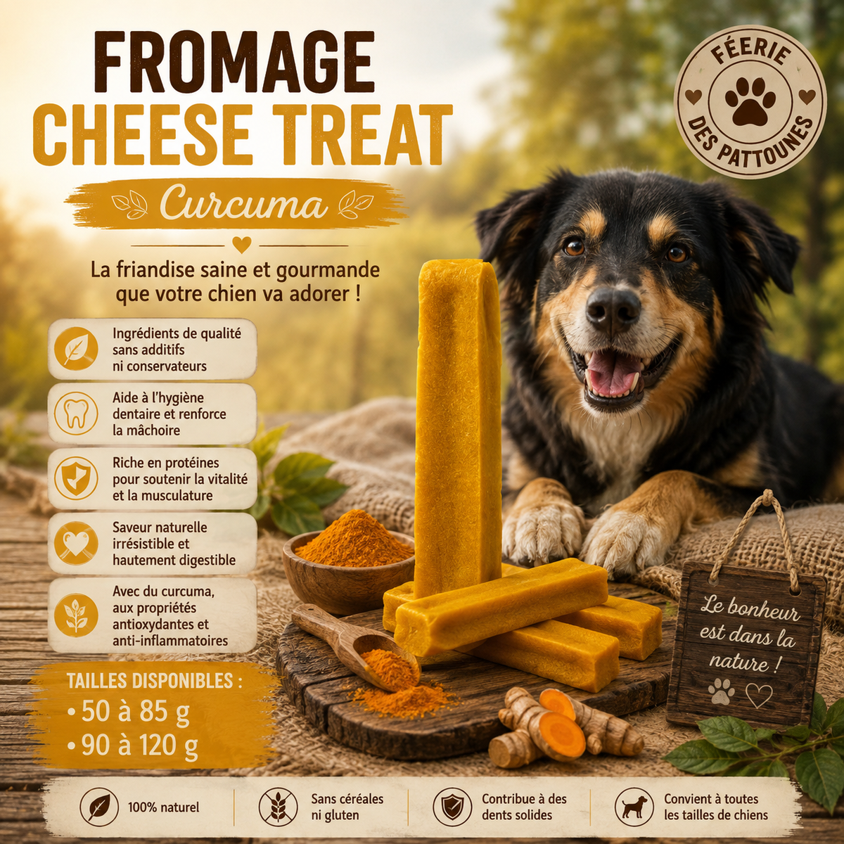 🧀 Fromage Cheese Treat Curcuma – Friandise Naturelle pour Chien (Tailles M • L)