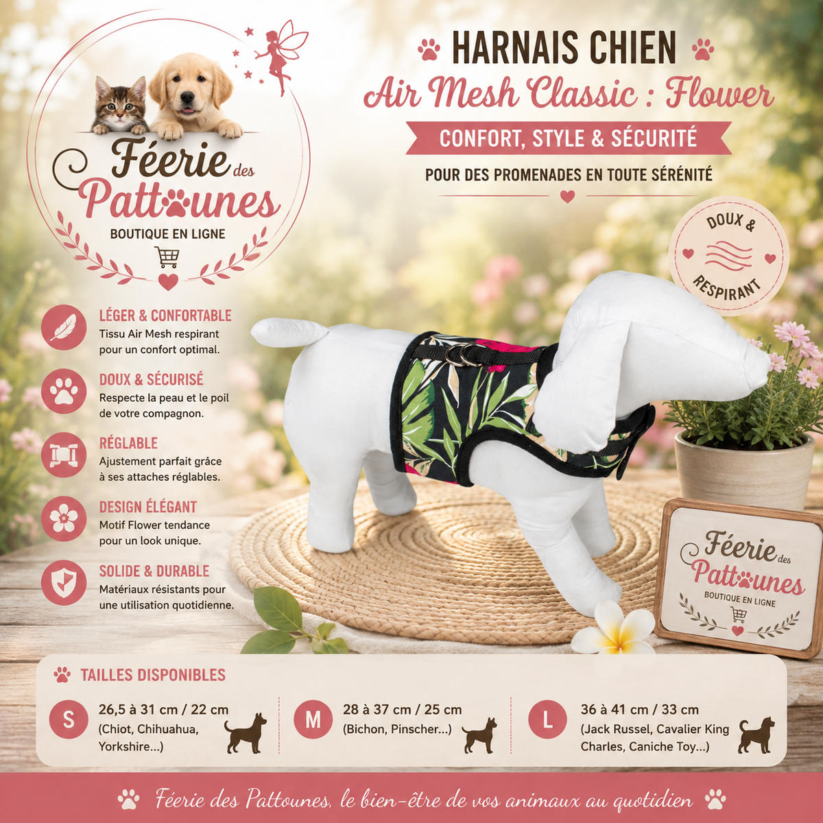 🌼🐶 Harnais Air Mesh Classic – Flower (Tailles S • M • L)