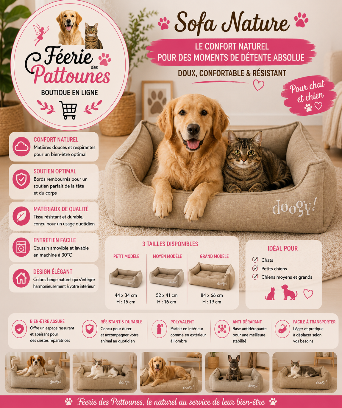🤍🌿🐾 Sofa Nature – Beige (3 tailles)