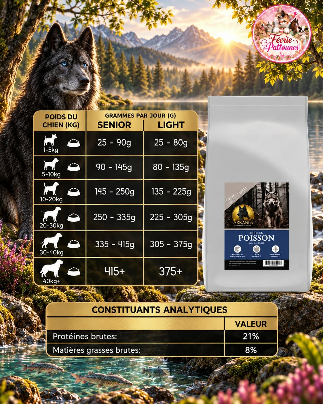 🐾 Croquettes Low Grain – Riche en Poisson & Riz – Chien Senior / Adulte Light (12 kg)