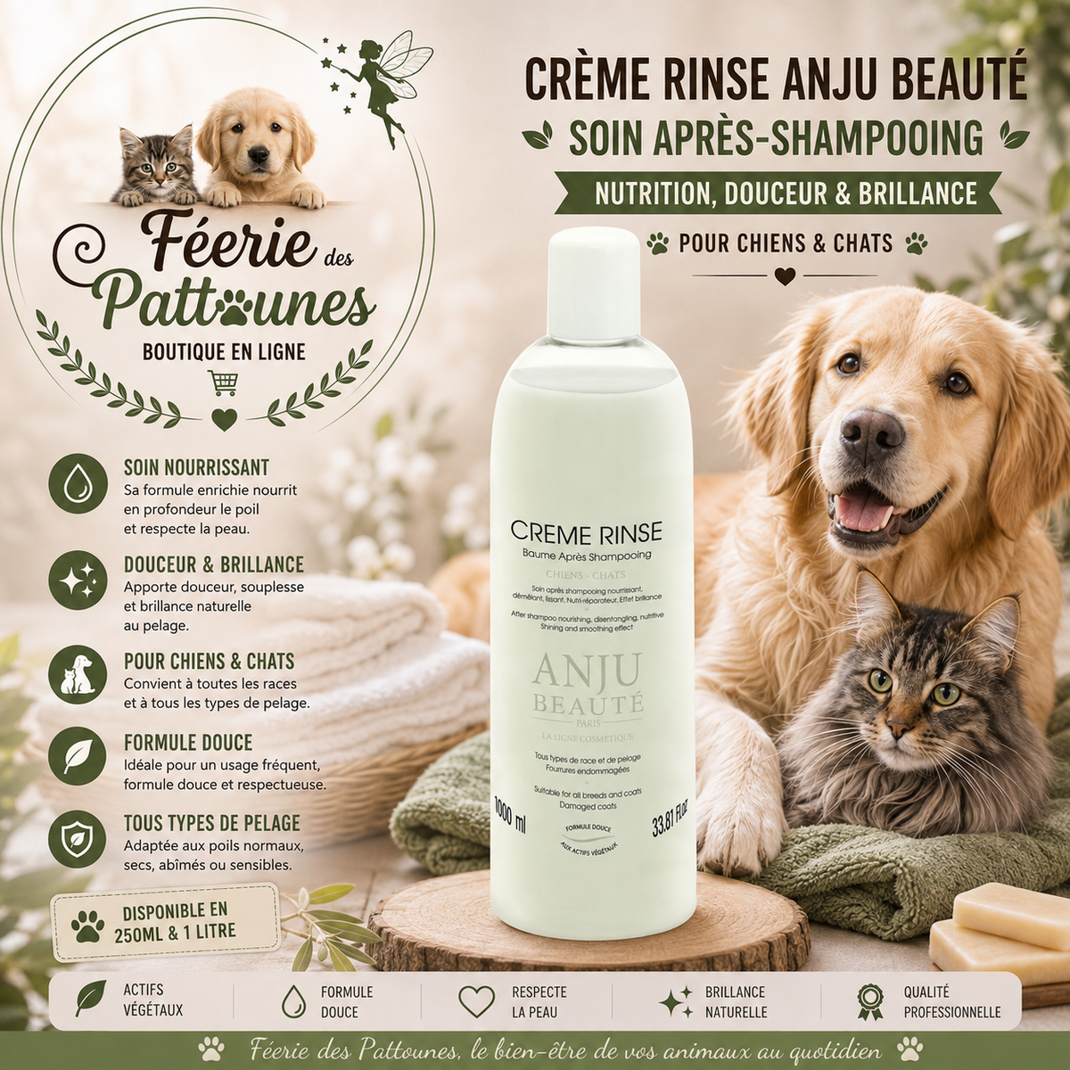 🌺🐶 Crème Après‑Shampooing Rinse – Anju Beauté (250 ml • 1 L)