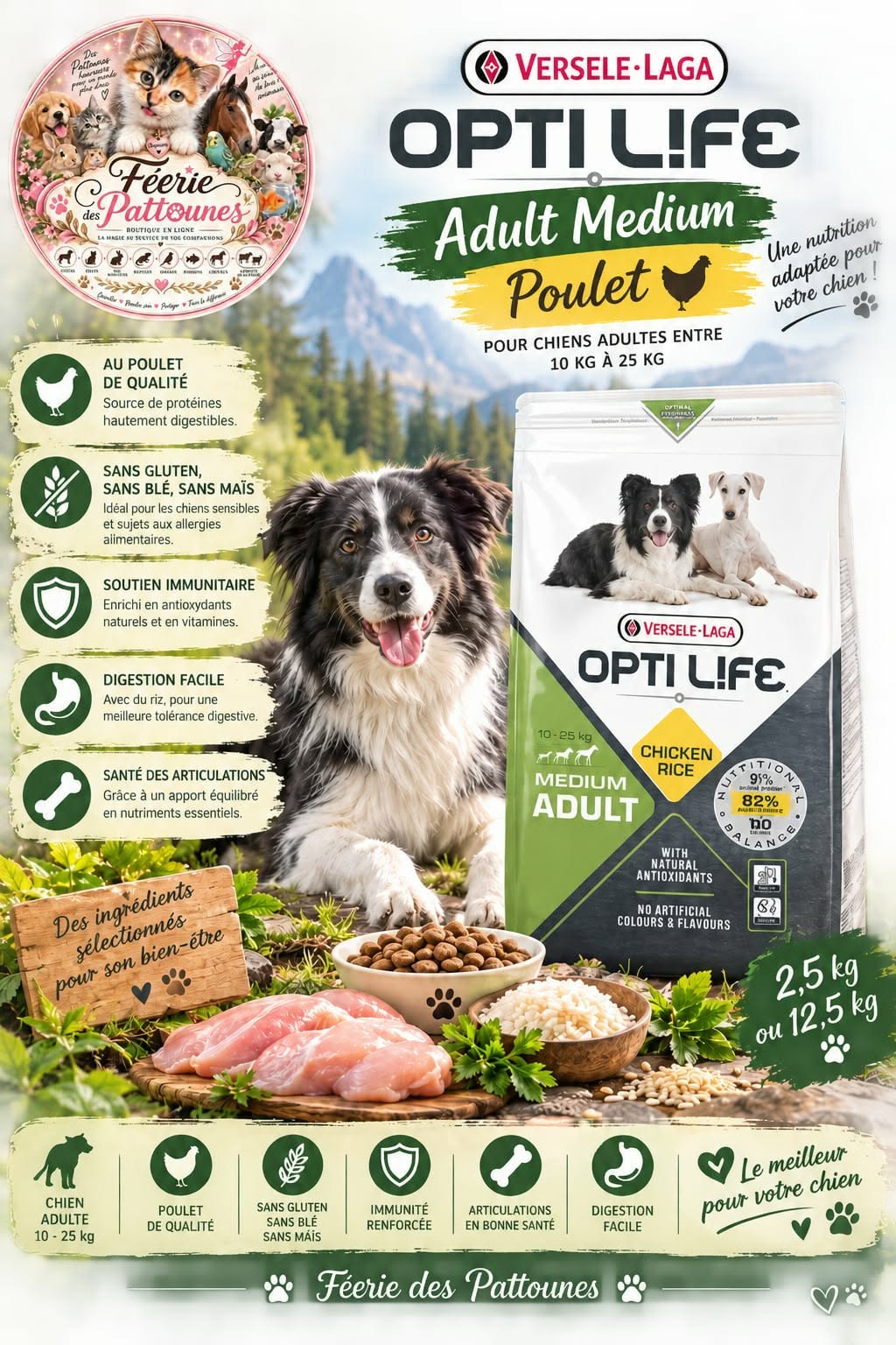 🐶🍗 Opti Life – Chien Medium – Poulet & Riz – 2.5 kg / 12.5 kg