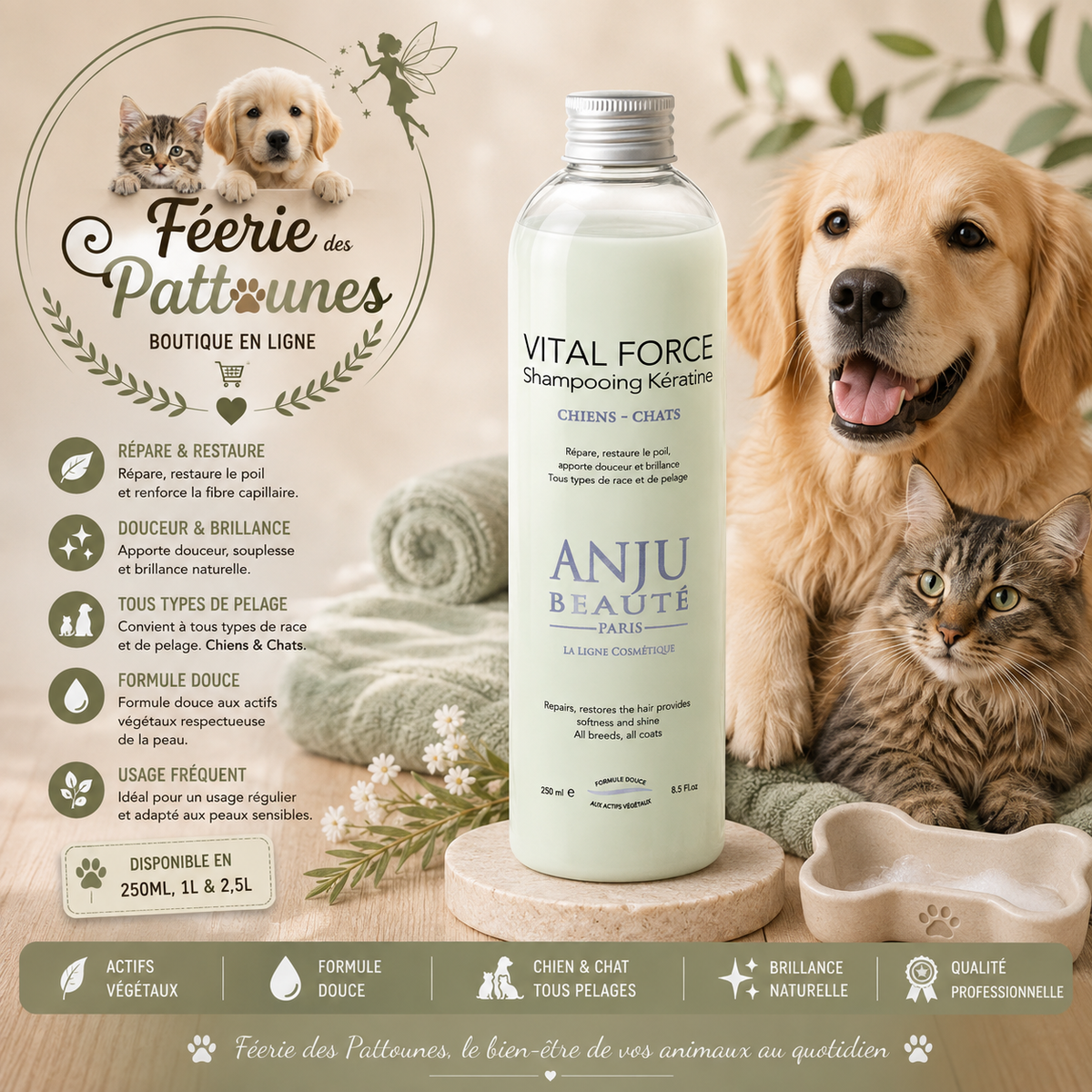 ✨🐶 Shampooing Vital Force Kératine – Anju Beauté (250 ml • 1 L • 2,5 L)
