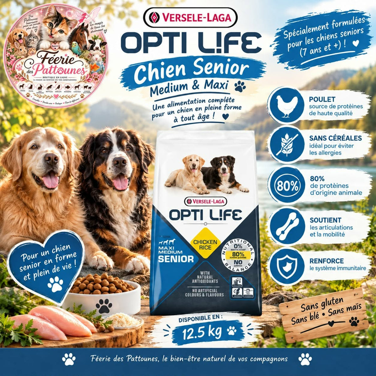 🐶🌿 Opti Life – Chien Senior Medium & Maxi – Poulet & Riz – 12.5 kg