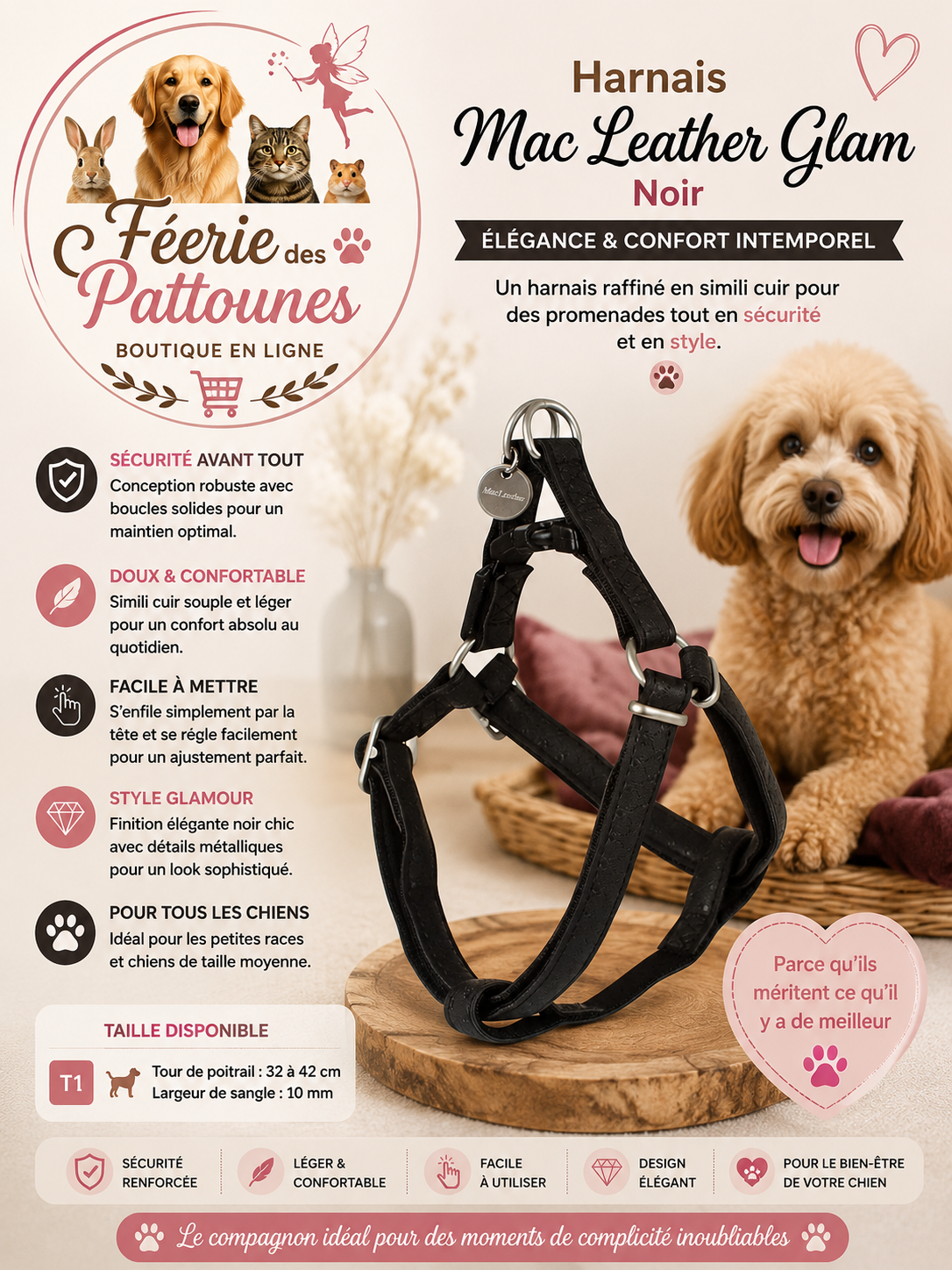 🖤✨🐶 Harnais Mac Leather Glam – Noir (Taille T1)