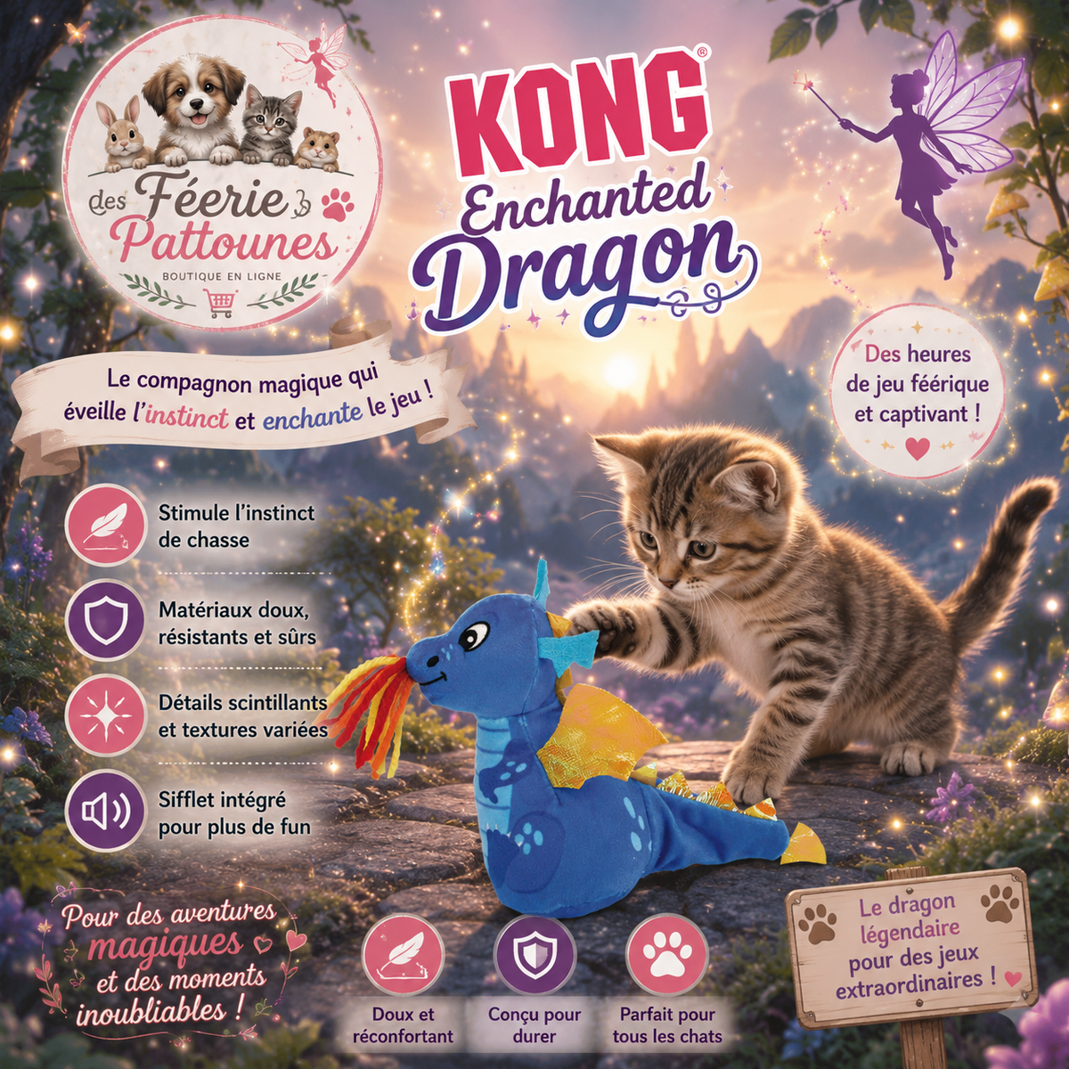 🐉 KONG® Enchanted Dragon – Jouet Dragon Crépitant & Herbe à Chat (11 cm)