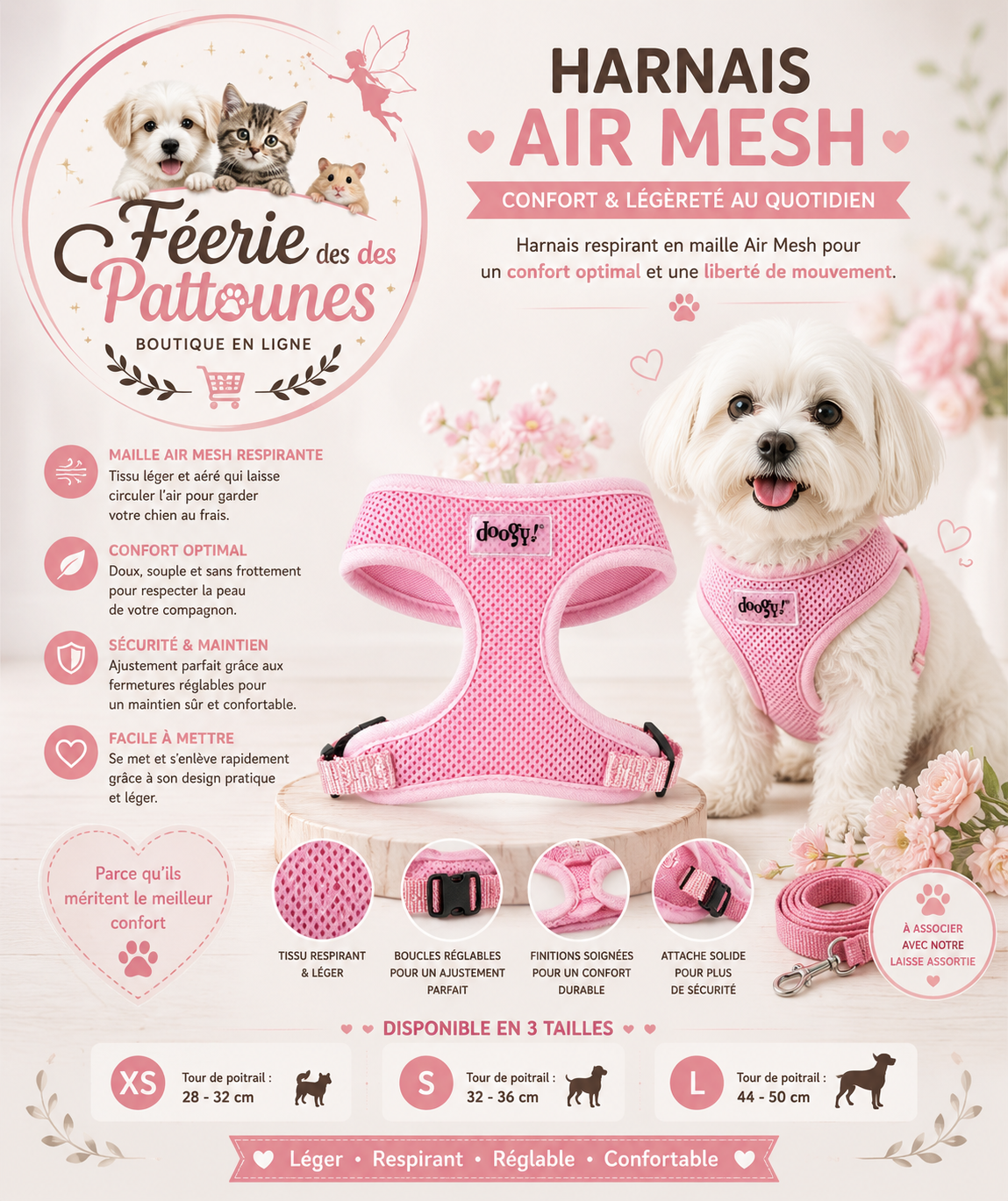 🌸🐶 Harnais Air Mesh Classic – Rose (Tailles XS • S • L)