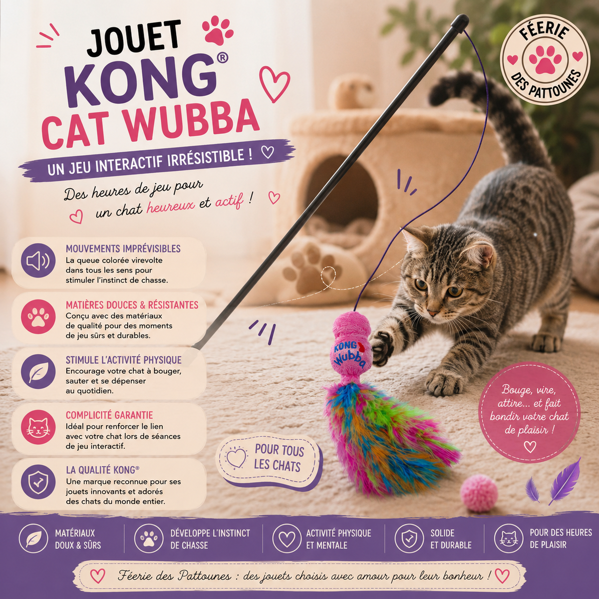 🐾 KONG® Cat Wubba – Jouet à Plumes & Herbe à Chat (Manche 46 cm / Fil 50–105 cm)