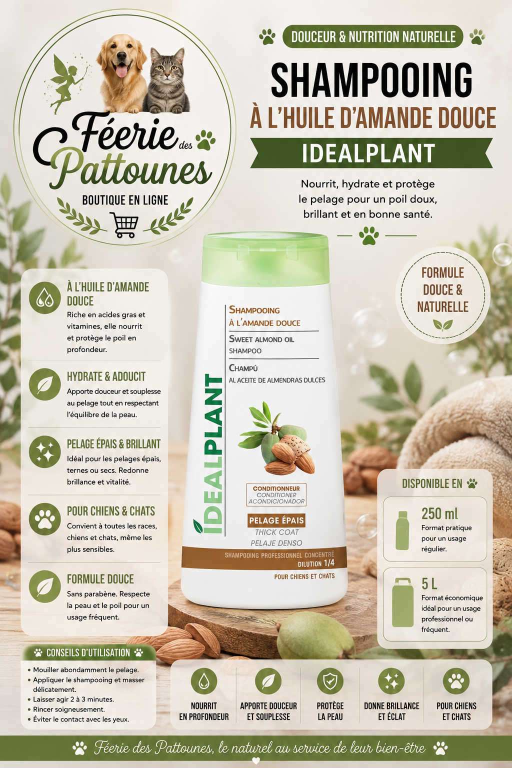 🌰 Shampooing à l’Huile d’Amande Douce – IdealPlant (250 ml • 5 L)