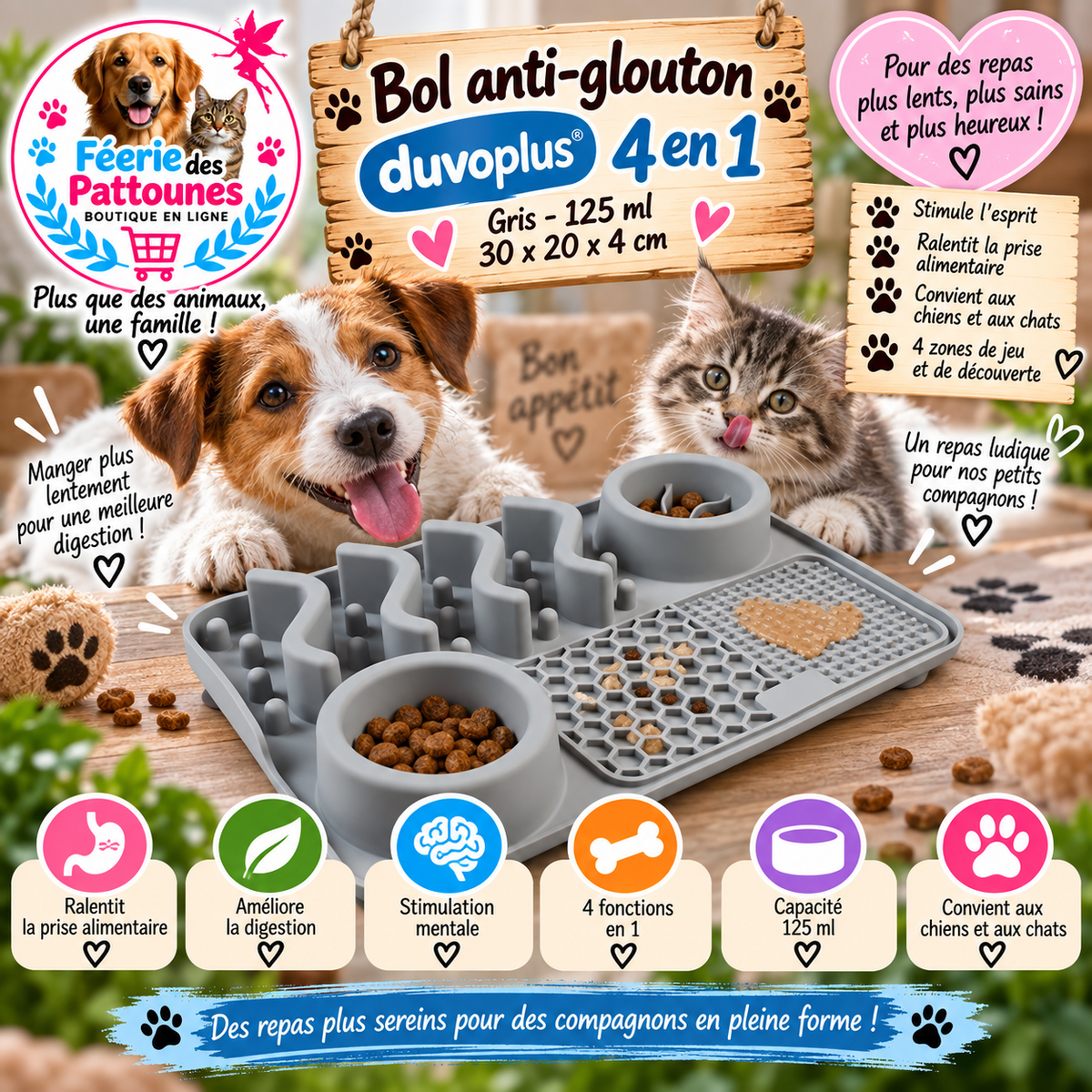🐾🍽️ Bol Anti‑Glouton Duvoplus 4‑en‑1 – Gris (125 ml)