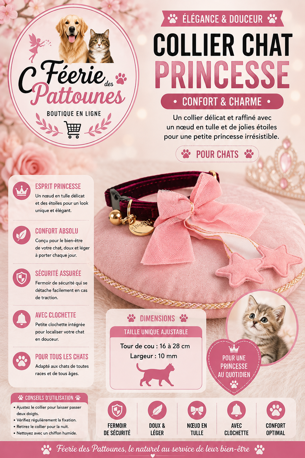 👑🐾 Collier Princesse – Pour Chat (16 à 28 cm × 10 mm)