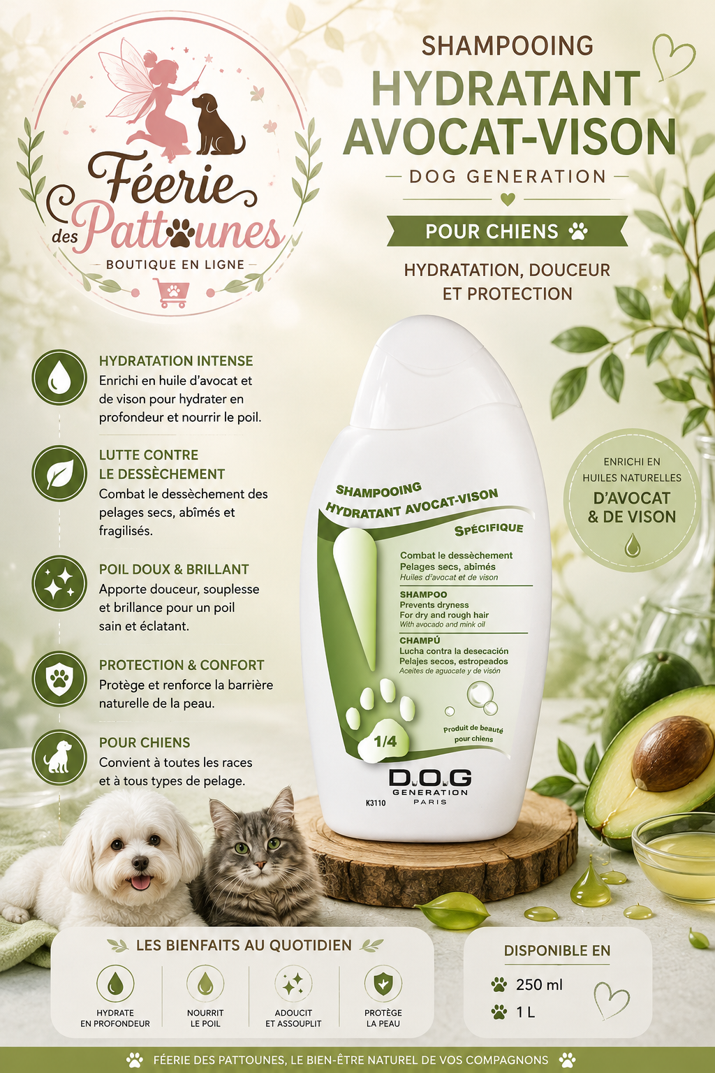 🥑✨ Shampooing Hydratant Avocat‑Vison – Dog Génération (250 ml • 1 L)