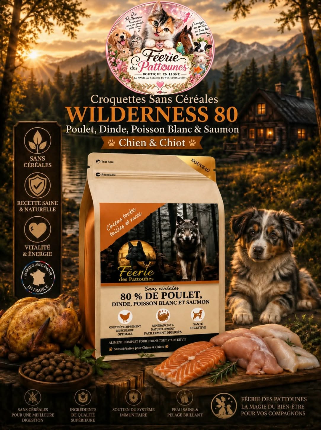 🐺 Croquettes Wilderness 80 – Poulet, Dinde, Poisson Blanc & Saumon – Chien & Chiot (12 kg • 2 kg)