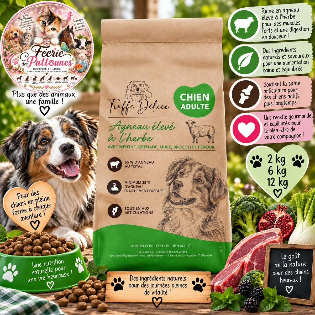 🐑🌿 Croquettes Chien Adulte – Agneau Élevé à l’Herbe