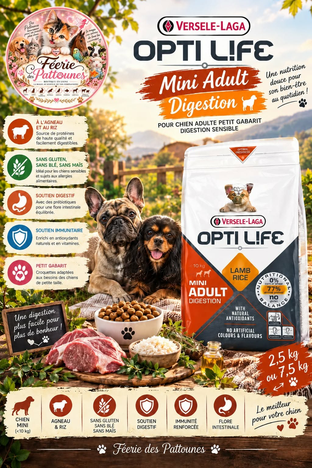 🐶🌿 Opti Life – Chien Mini Digestion – Agneau & Riz – 2.5 kg / 7.5 kg