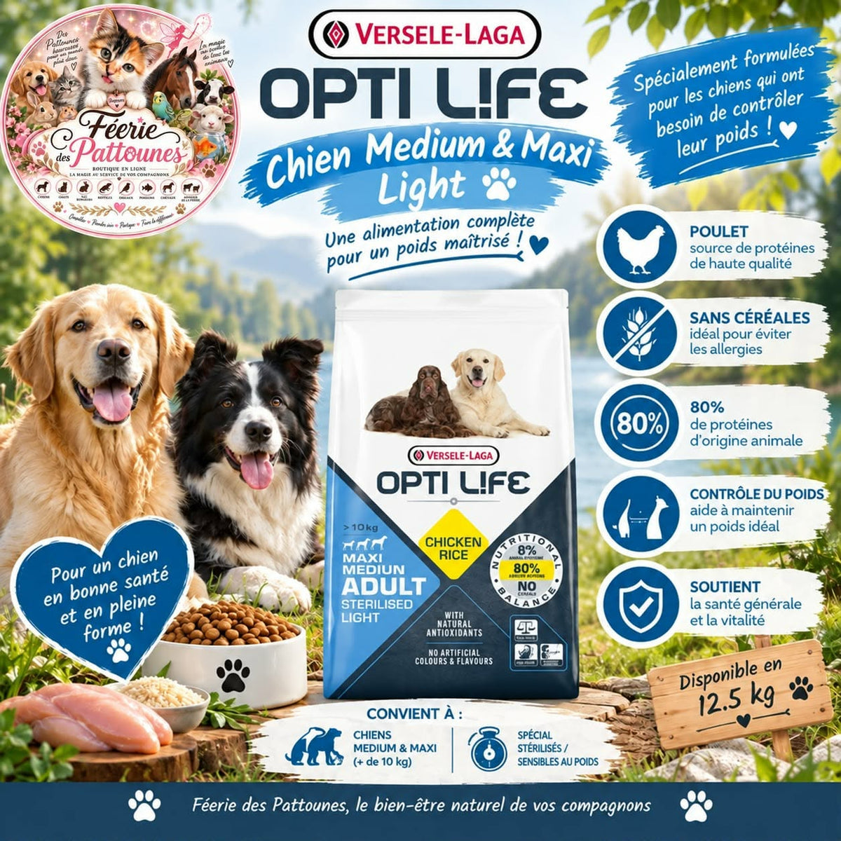 🐶⚖️ Opti Life – Chien Medium & Maxi Light / Stérilisé – Poulet & Riz – 12.5 kg