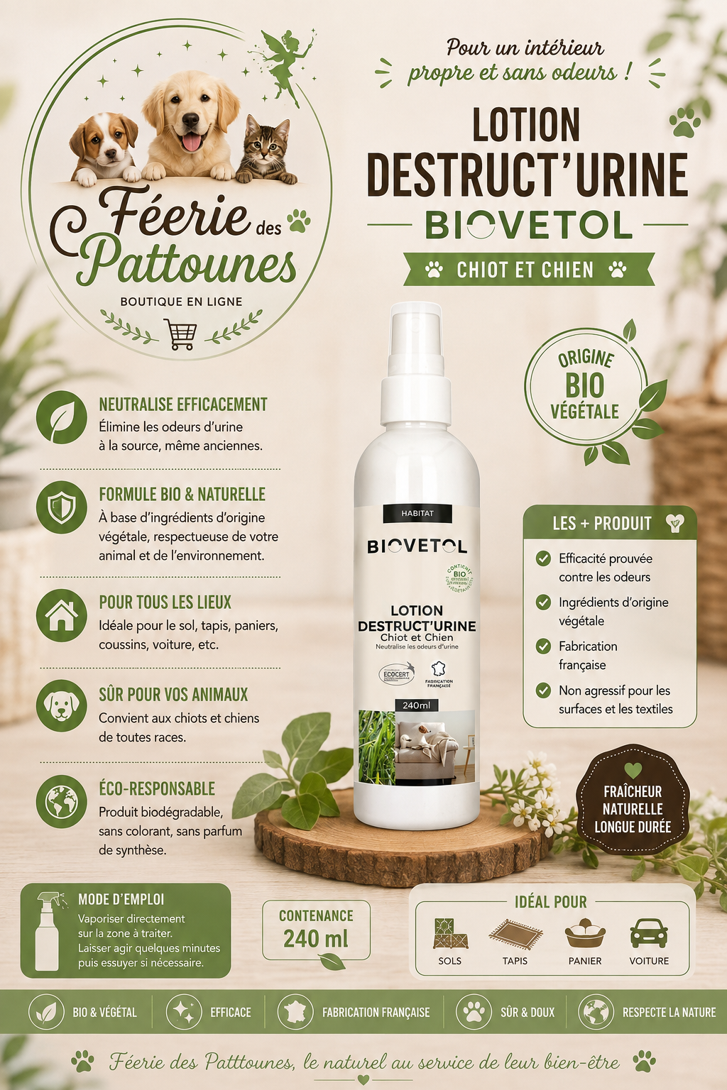 🧴 Lotion Destruct’Urine BIOVETOL – Habitat (Chiot & Chien • 240 ml)
