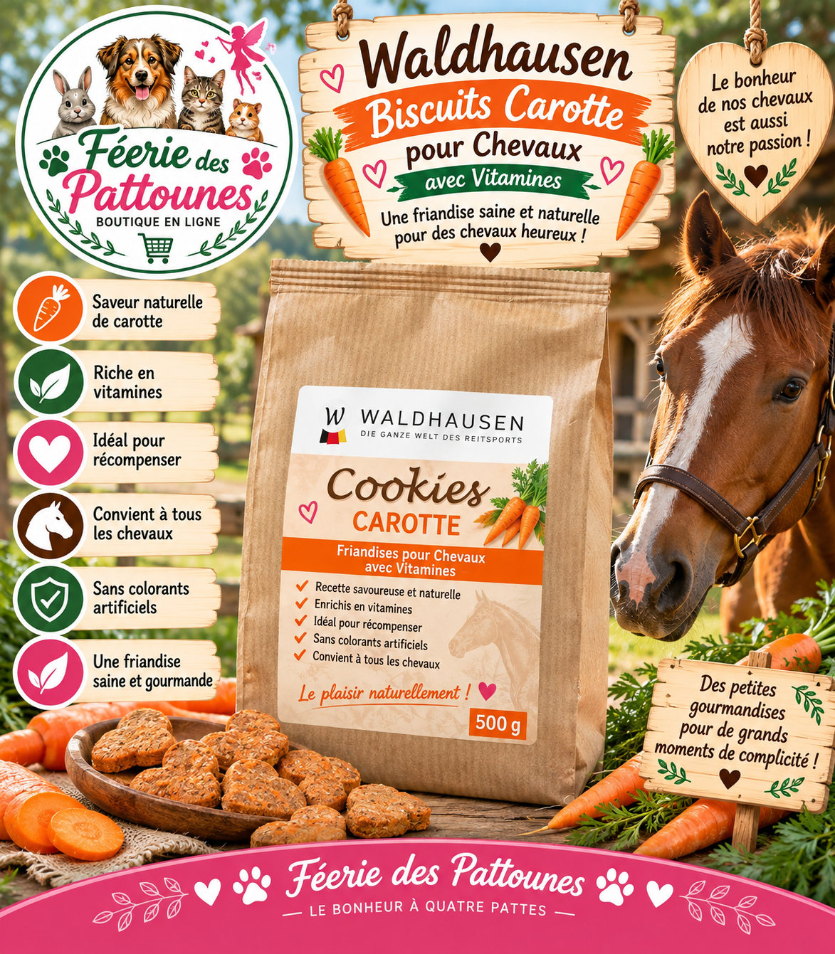 🥕🐴 Waldhausen – Biscuits Carotte pour Chevaux (500 g)