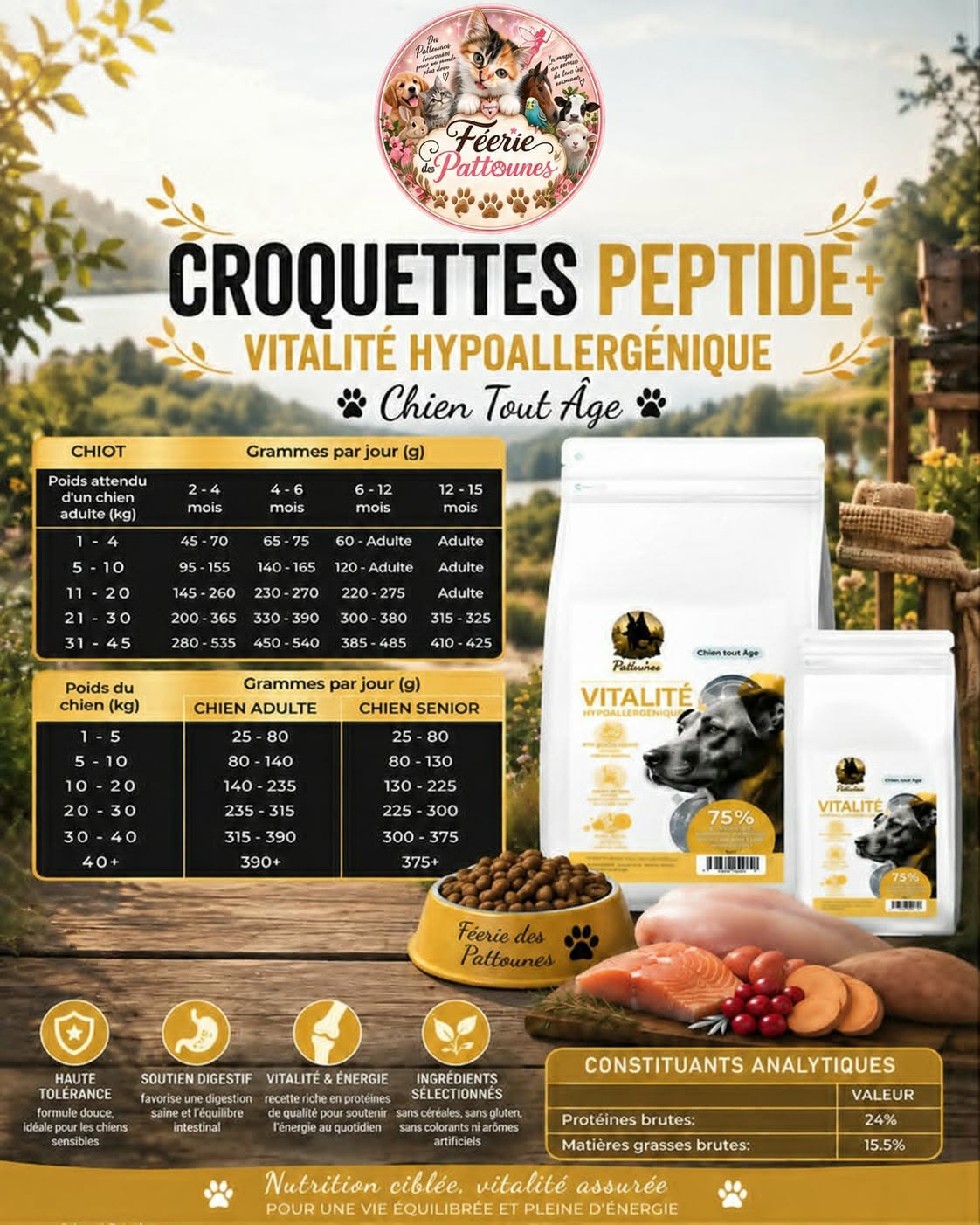 🐾 Croquettes Peptide+ – Vitalité Hypoallergénique – Chien Tout Âge (1,5 kg • 10 kg)