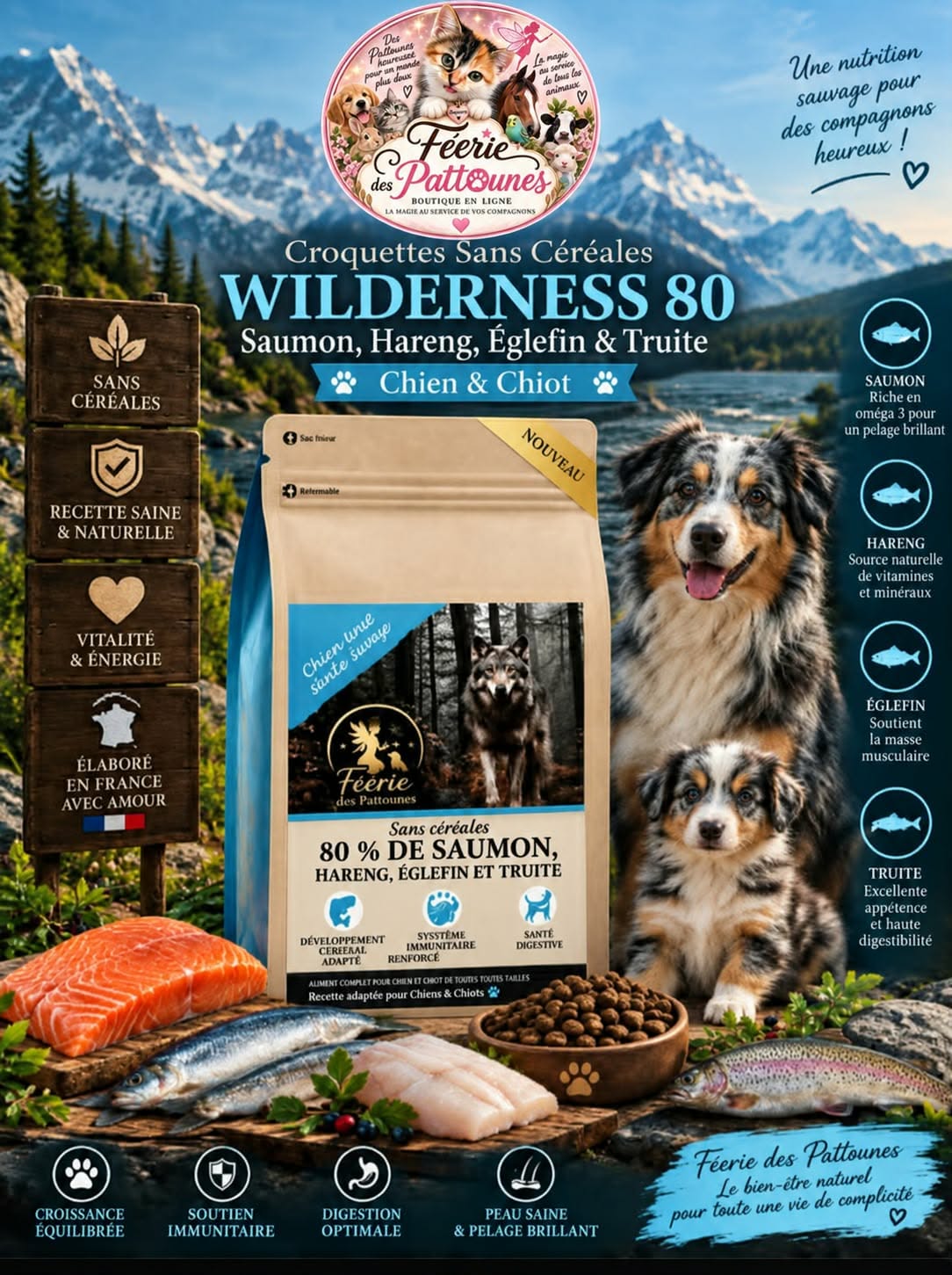 🐟 Croquettes Wilderness 80 – Saumon, Hareng, Églefin & Truite – Chien & Chiot (12 kg • 2 kg)