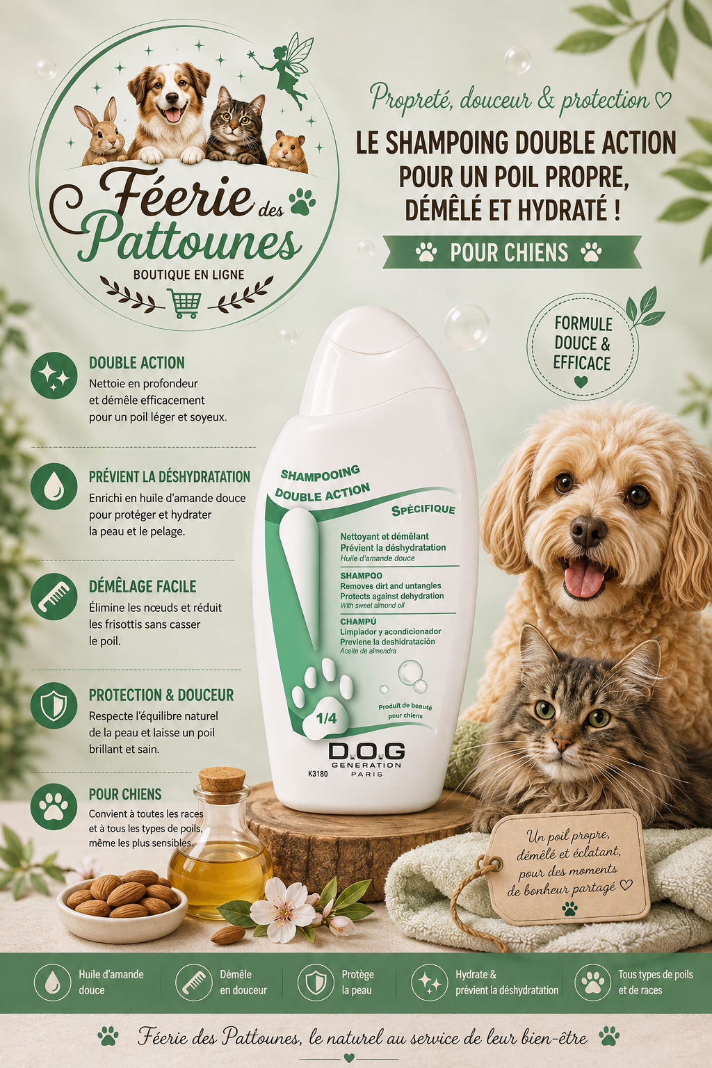 🛁 Dog Génération – Shampooing Conditionneur Double Action (250 ml • 1 L)