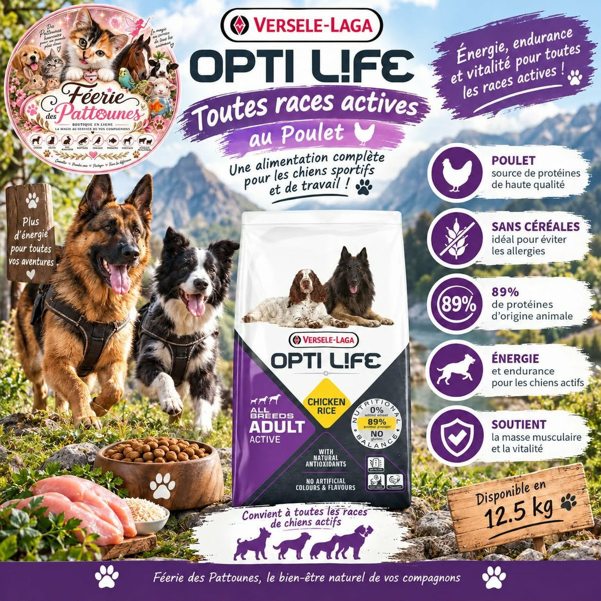 🐶🔥 Opti Life – Chien Adult Active – Toutes races – Poulet & Riz – 12.5 kg