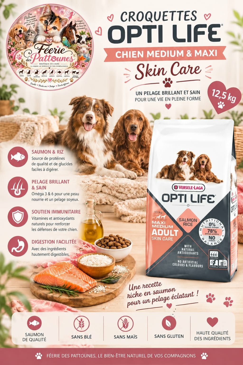 🐶✨ Opti Life – Chien Medium & Maxi Skin Care – Saumon & Riz – 12.5 kg