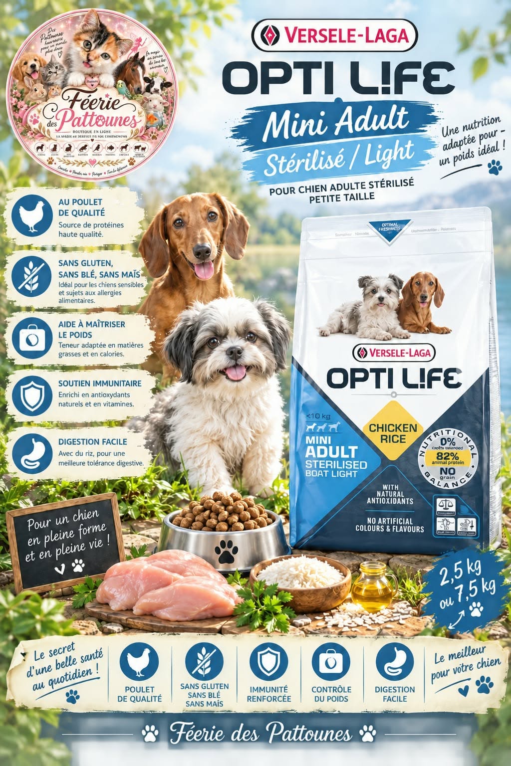 🐶⚖️ Opti Life – Chien Mini Adult Sterilised / Light – Poulet & Riz – 2.5 kg / 7.5 kg