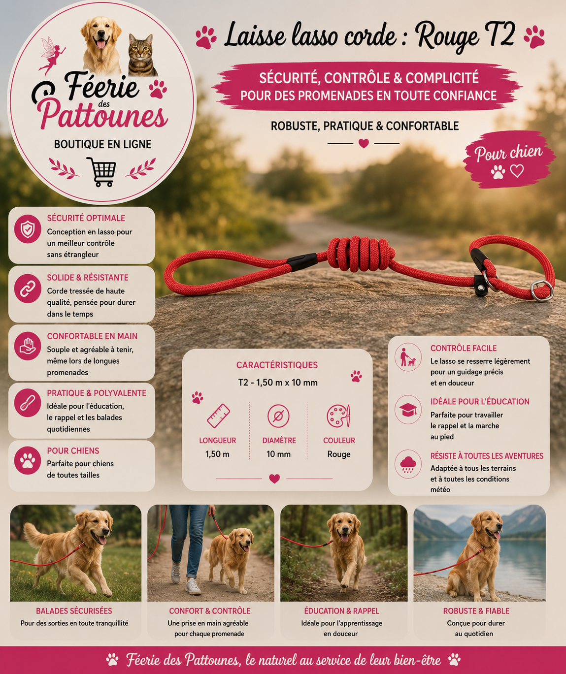 🔴🐾 Laisse Lasso Corde – Rouge (Classic • T2 • 1,50 m × 10 mm)