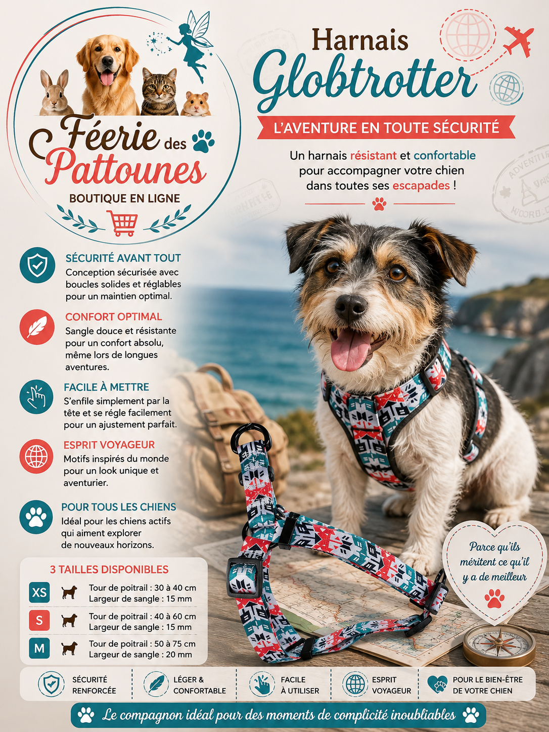 🌍🐶 Harnais Globtrotter – Bleu Turquoise (Tailles XS • S • M)