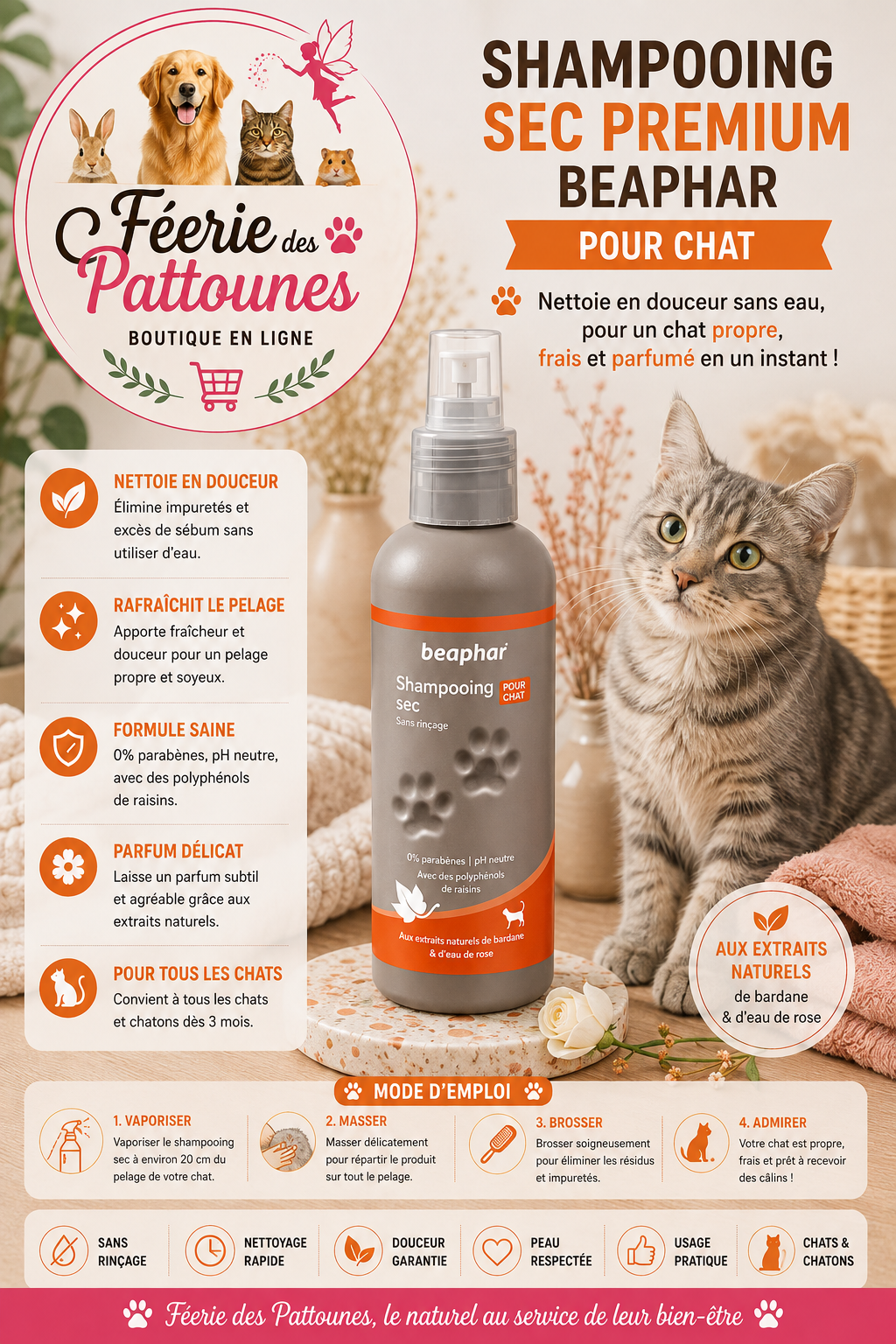 🐱🌸 Shampooing Sec Premium – Beaphar Chat (200 ml)