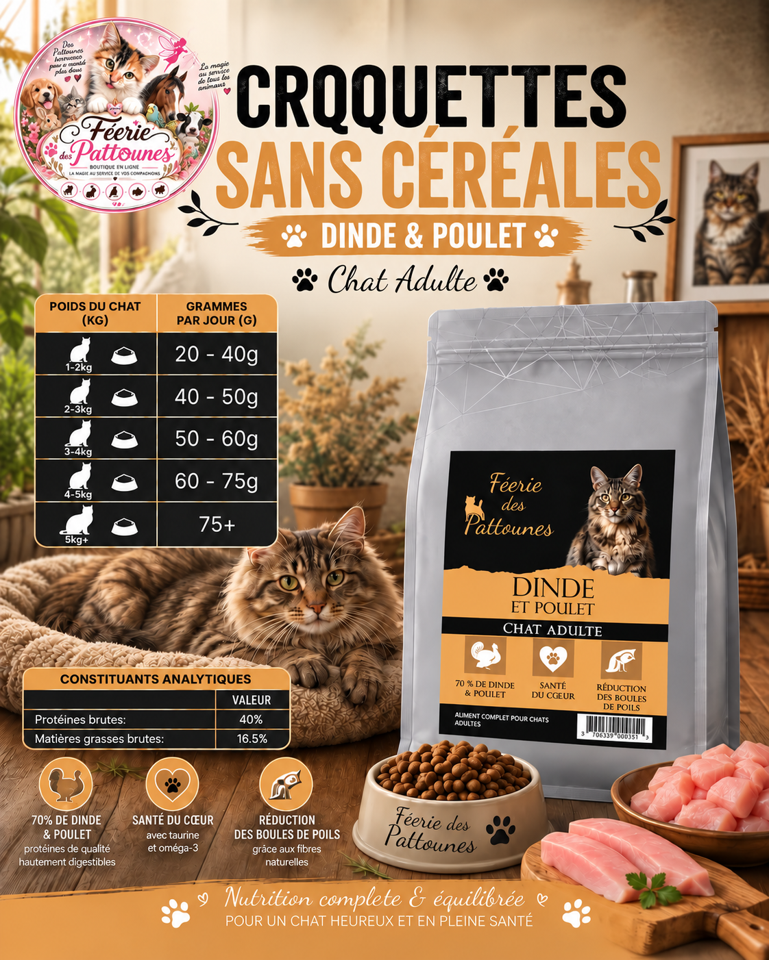 🐈 Croquettes Sans Céréales – Dinde & Poulet – Chat Adulte (1,5 kg & 5 kg)