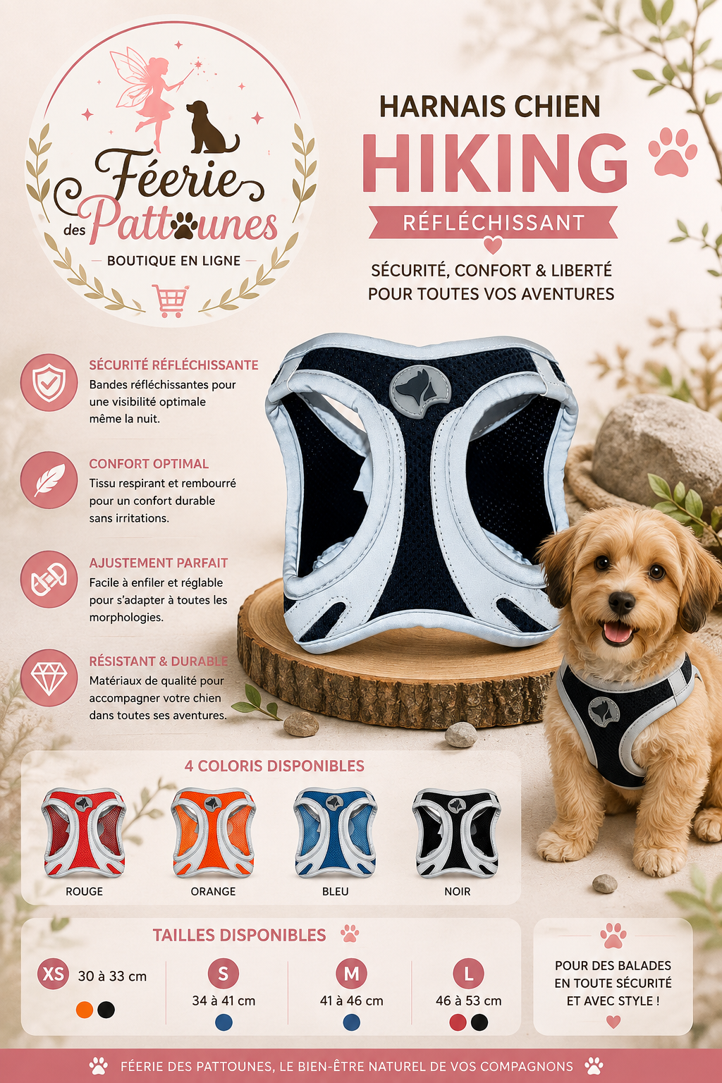🔦🐶 Harnais Hiking Bavette Réfléchissant – rouge, orange, bleu ou noir(Tailles XS • S • M • L)