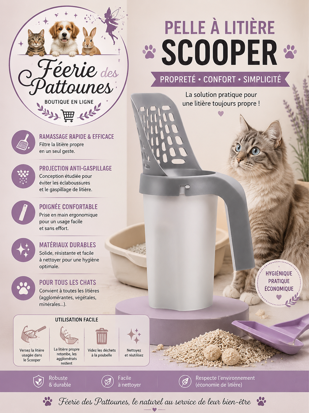 🧼 Pelle à Litière Scooper – Hygiénique & Anti‑Odeurs (avec 15 sacs inclus)
