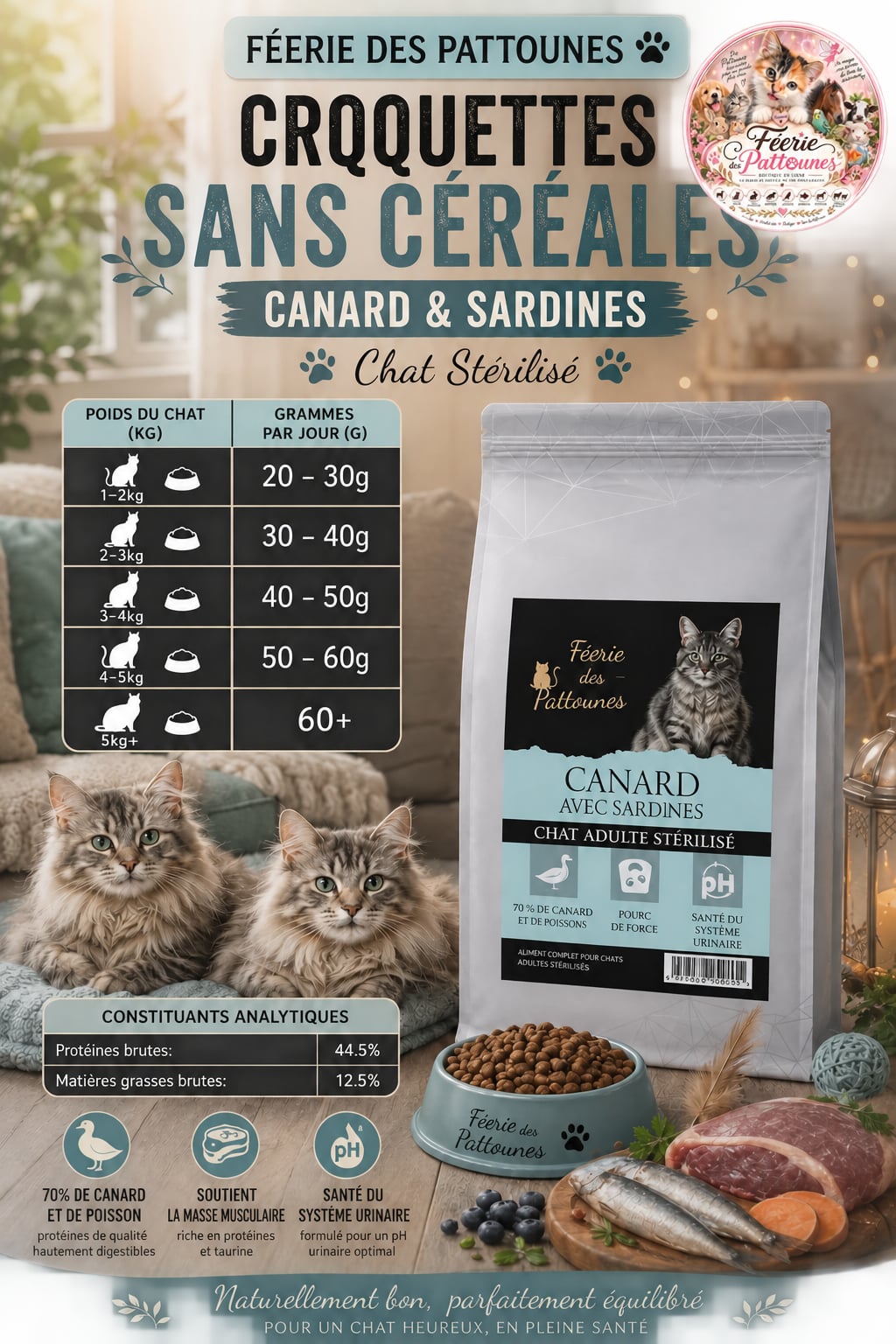 🐱 Croquettes Sans Céréales – Canard & Sardines – Chat Stérilisé (1,5 kg & 5 kg)