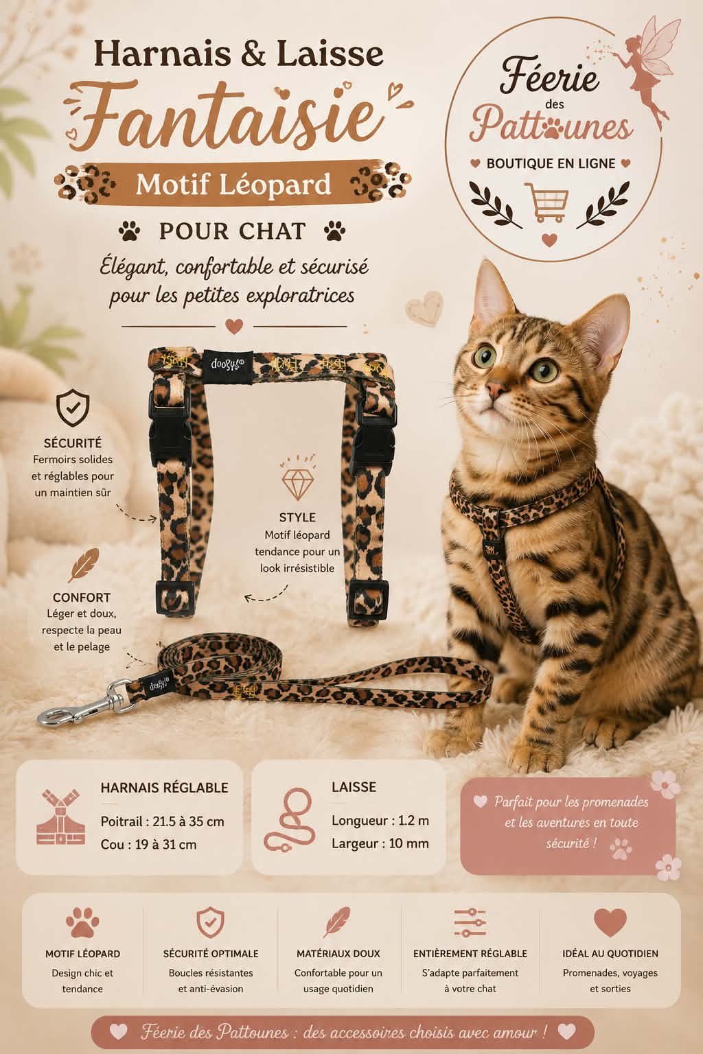 🐆✨ Harnais & Laisse Fantaisie Léopard (Chat)