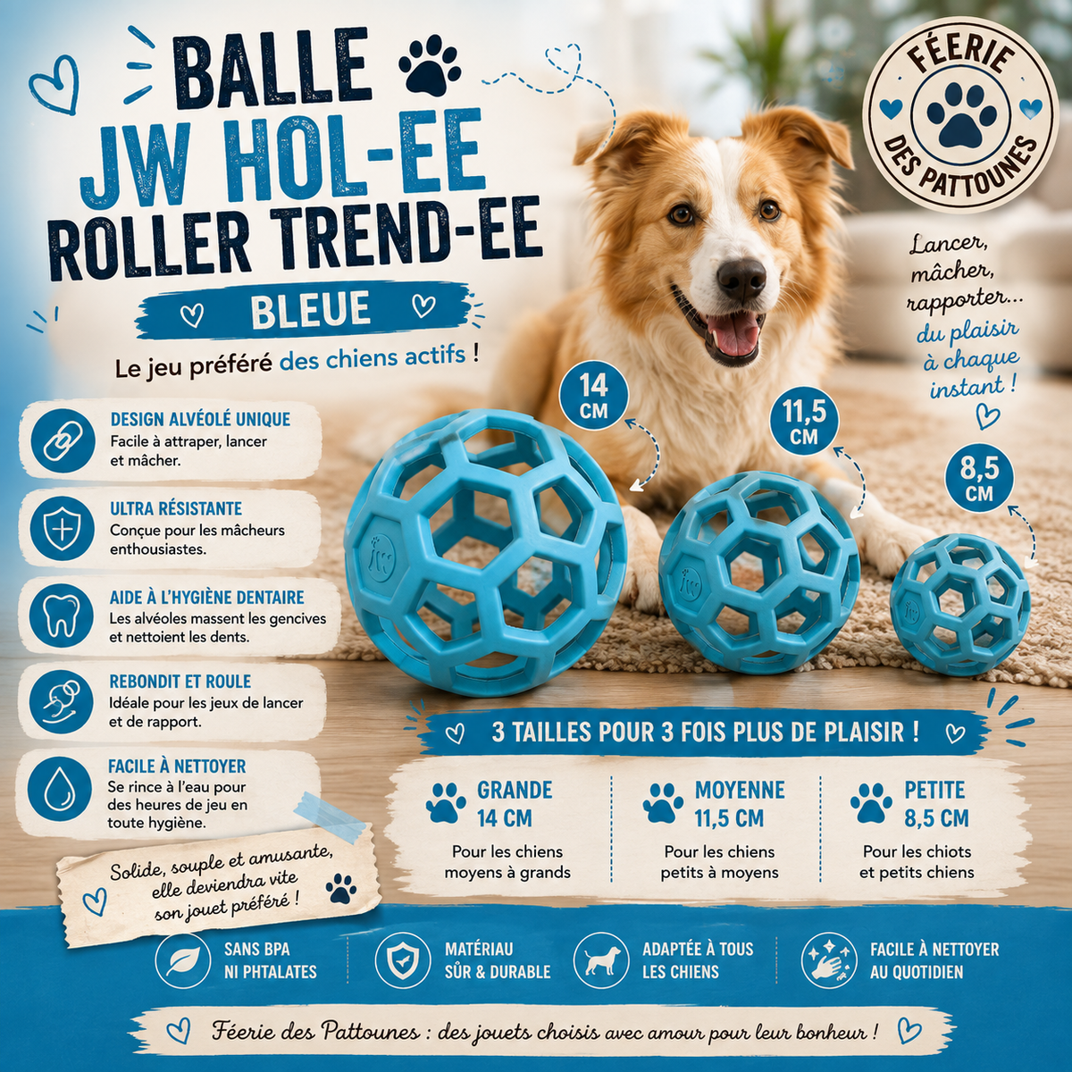 💙 JW Hol‑ee Roller Trend‑ee Bleu – Jouet Polyvalent pour Chien (Tailles 8,5 cm • 11,5 cm • 14 cm)